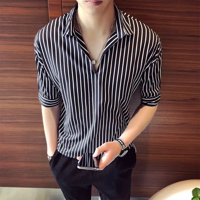 Men Striped Half Sleeve Shirt Korean Style Loose Fit - Image 7