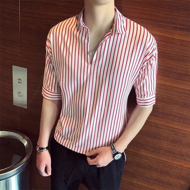 Men Striped Half Sleeve Shirt Korean Style Loose Fit - Image 8