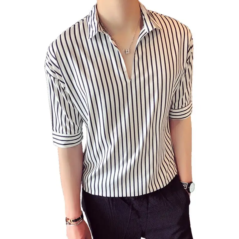 Men Striped Half Sleeve Shirt Korean Style Loose Fit - Image 9