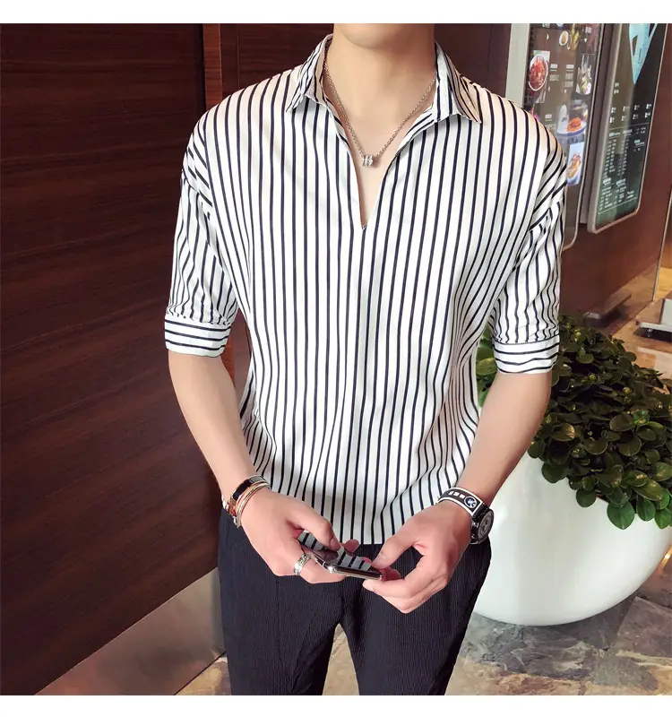 Men Striped Half Sleeve Shirt Korean Style Loose Fit — feature 12