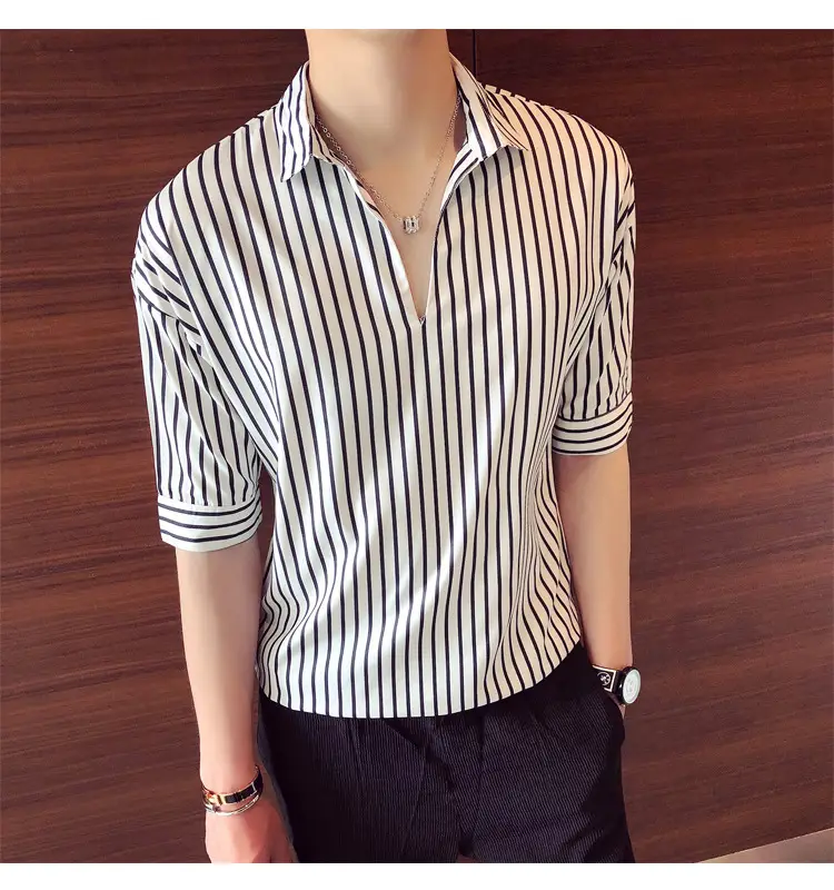 Men Striped Half Sleeve Shirt Korean Style Loose Fit — feature 13