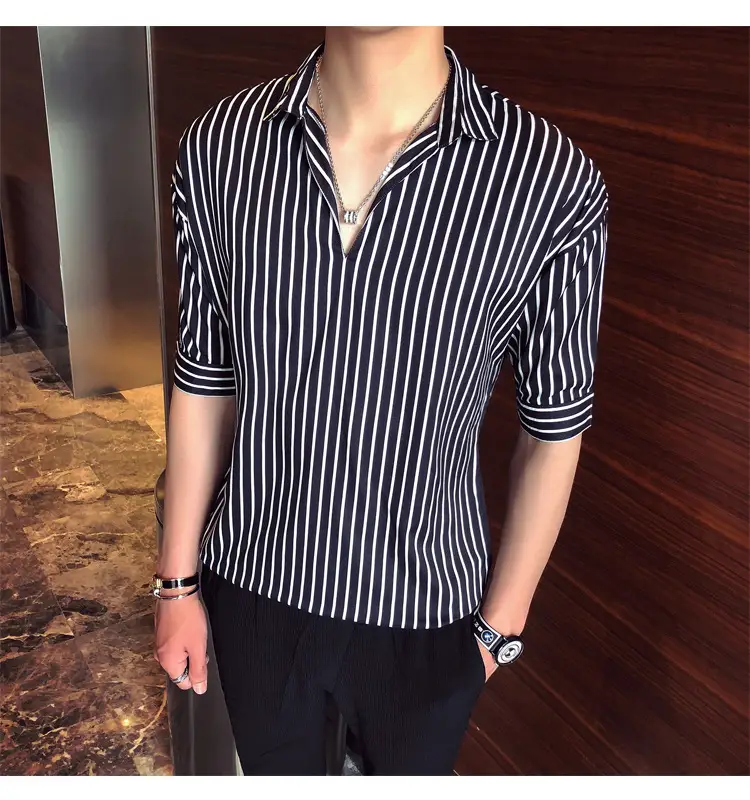 Men Striped Half Sleeve Shirt Korean Style Loose Fit — feature 16
