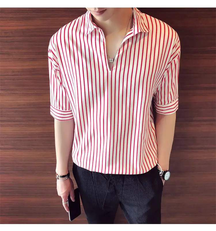Men Striped Half Sleeve Shirt Korean Style Loose Fit — feature 21