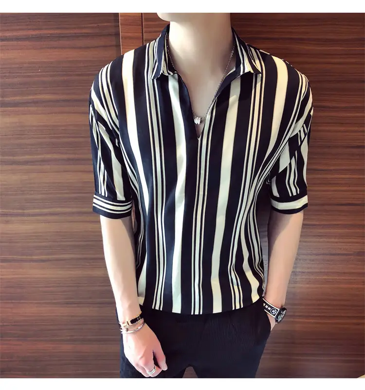 Men Striped Half Sleeve Shirt Korean Style Loose Fit — feature 3