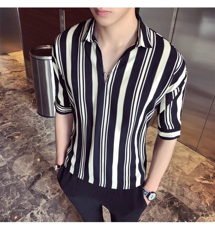 Men Striped Half Sleeve Shirt Korean Style Loose Fit — feature 4