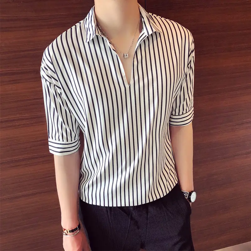 Men Striped Half Sleeve Shirt Korean Style Loose Fit - Image 3