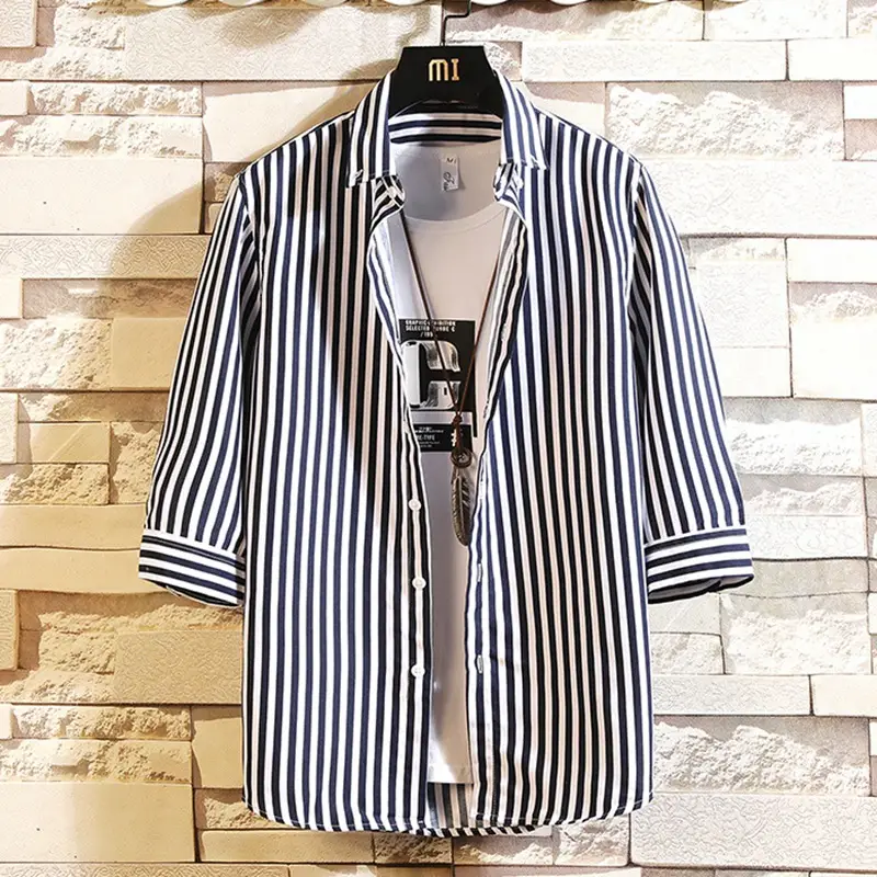 Men Red Striped Mid Sleeve Shirt Korean Style - Image 7