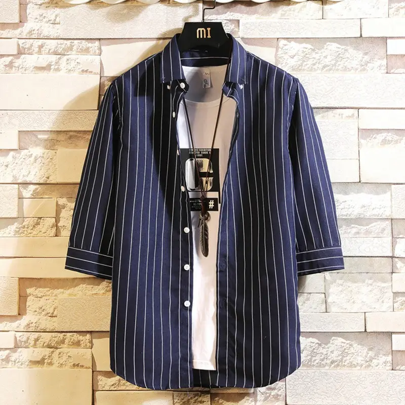 Men Red Striped Mid Sleeve Shirt Korean Style - Image 8