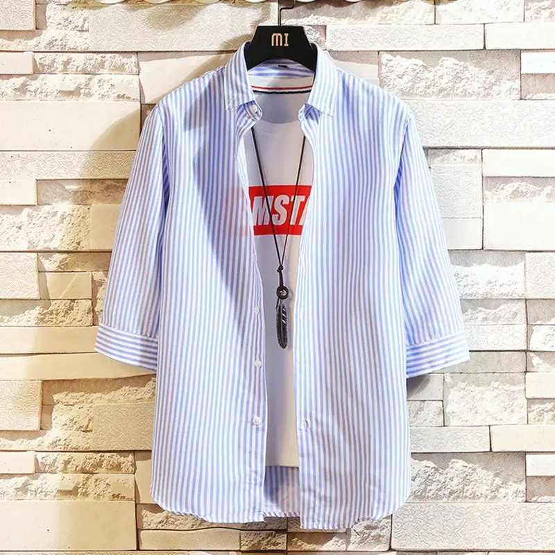 Men Red Striped Mid Sleeve Shirt Korean Style - Image 9