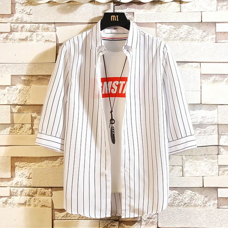 Men Red Striped Mid Sleeve Shirt Korean Style - Image 10