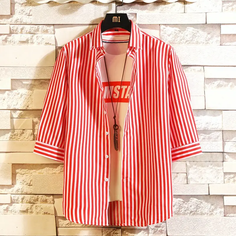 Men Red Striped Mid Sleeve Shirt Korean Style - Image 11