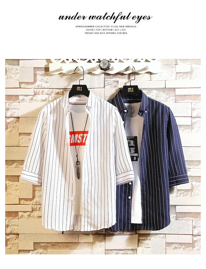 Men Red Striped Mid Sleeve Shirt Korean Style — feature 10