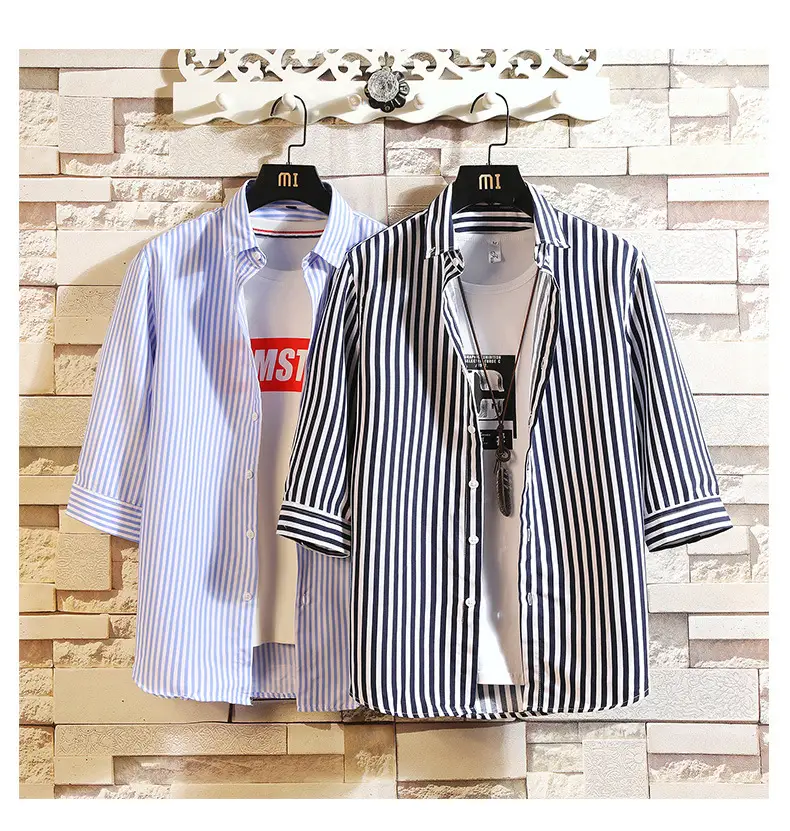 Men Red Striped Mid Sleeve Shirt Korean Style — feature 11