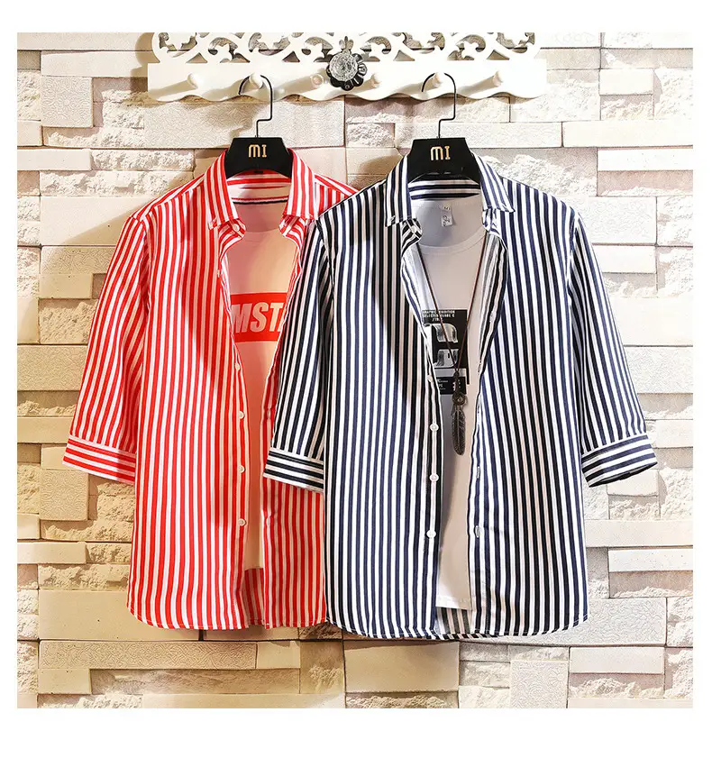 Men Red Striped Mid Sleeve Shirt Korean Style — feature 12