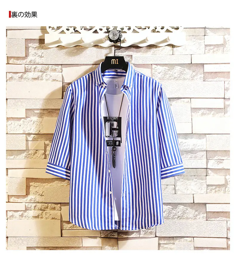 Men Red Striped Mid Sleeve Shirt Korean Style — feature 16