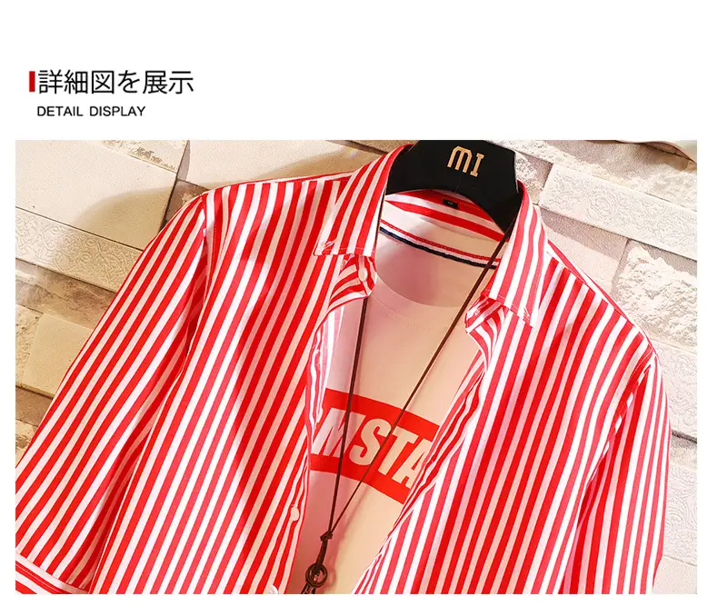 Men Red Striped Mid Sleeve Shirt Korean Style — feature 29
