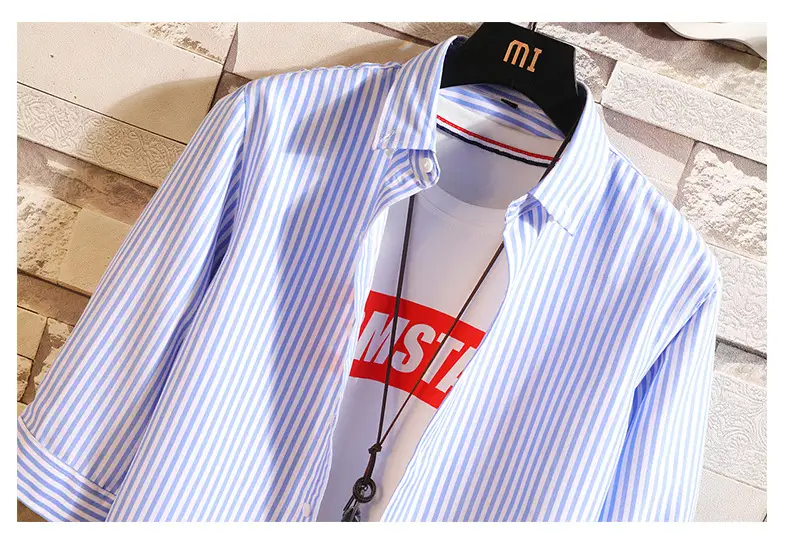 Men Red Striped Mid Sleeve Shirt Korean Style — feature 30