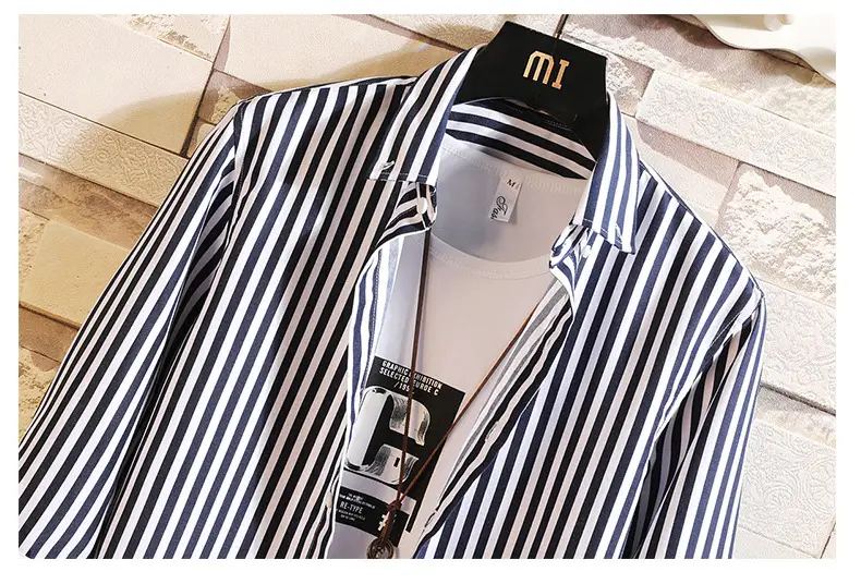 Men Red Striped Mid Sleeve Shirt Korean Style — feature 32