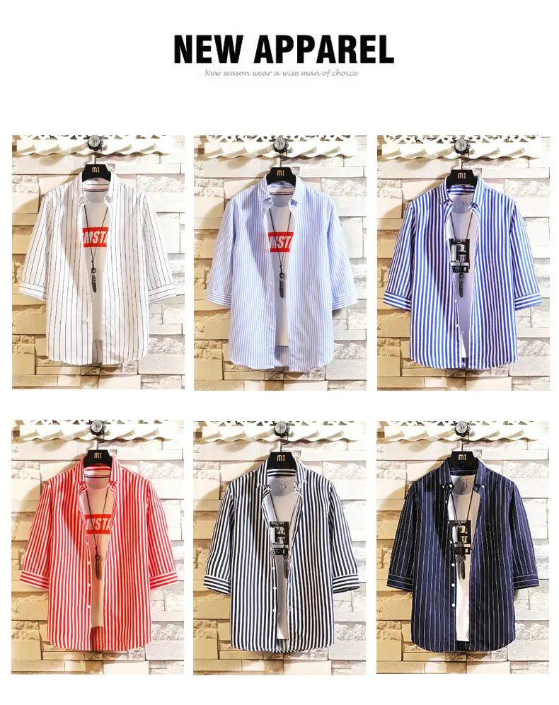 Men Red Striped Mid Sleeve Shirt Korean Style — feature 9