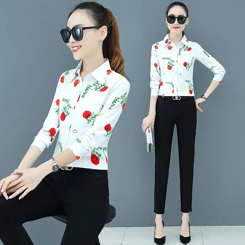 2025 Women's Pink Printed Chiffon Blouse Long Sleeve - Image 4