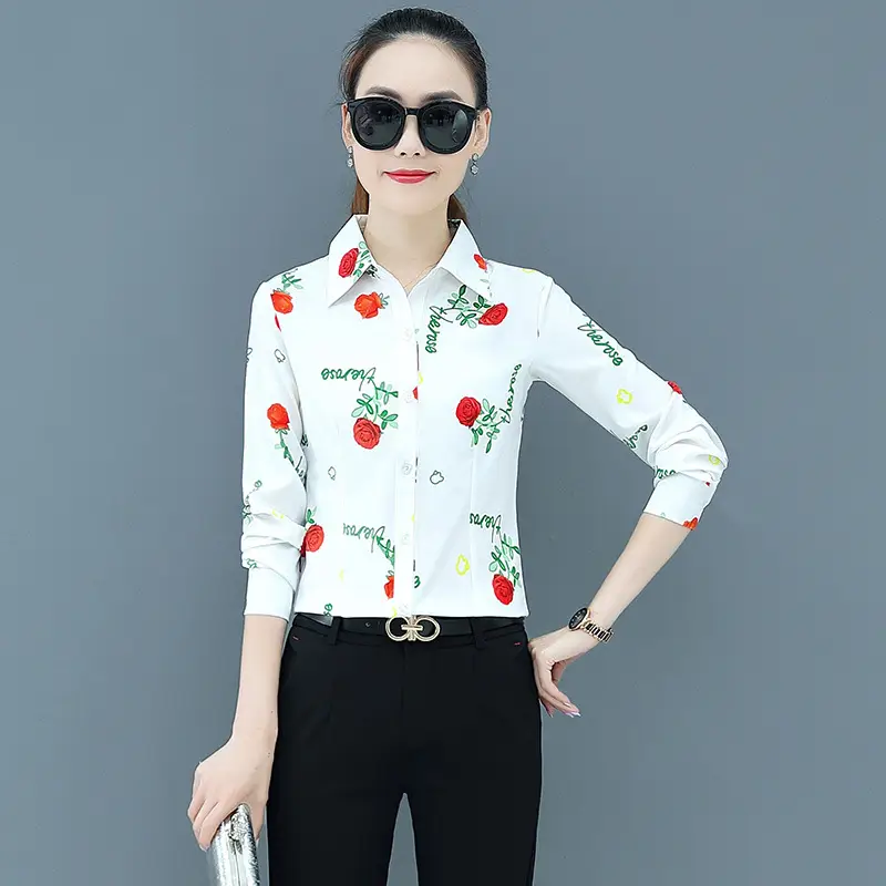 2025 Women's Pink Printed Chiffon Blouse Long Sleeve - Image 5