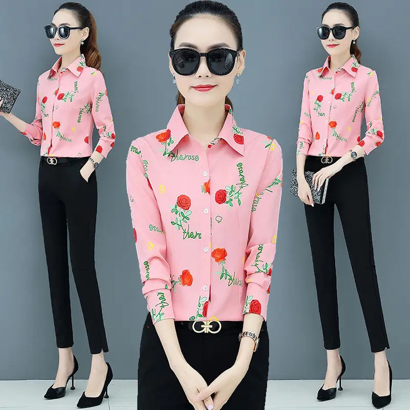 2025 Women's Pink Printed Chiffon Blouse Long Sleeve - Image 6