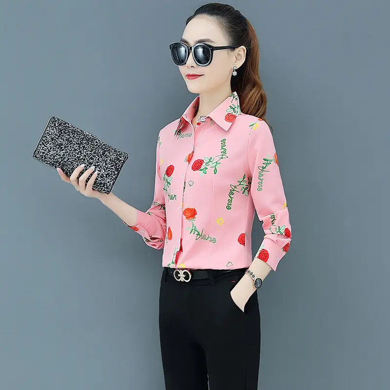 2025 Women's Pink Printed Chiffon Blouse Long Sleeve - Image 2