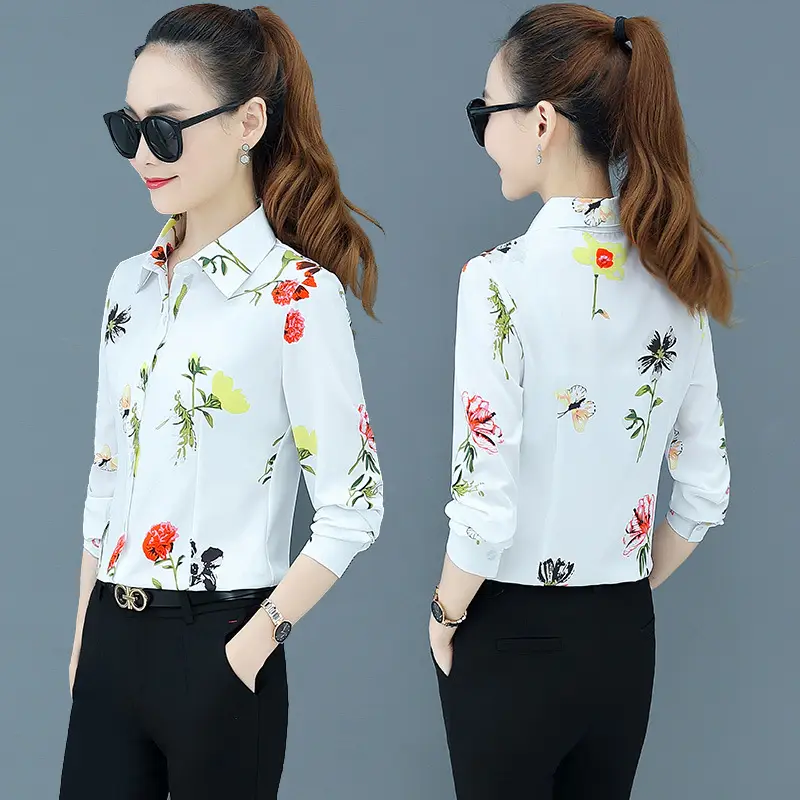 New Spring Printed Women's Long Sleeve Chiffon Shirts Pink Floral - Image 5