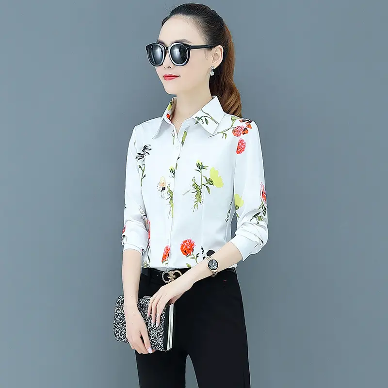 New Spring Printed Women's Long Sleeve Chiffon Shirts Pink Floral - Image 6