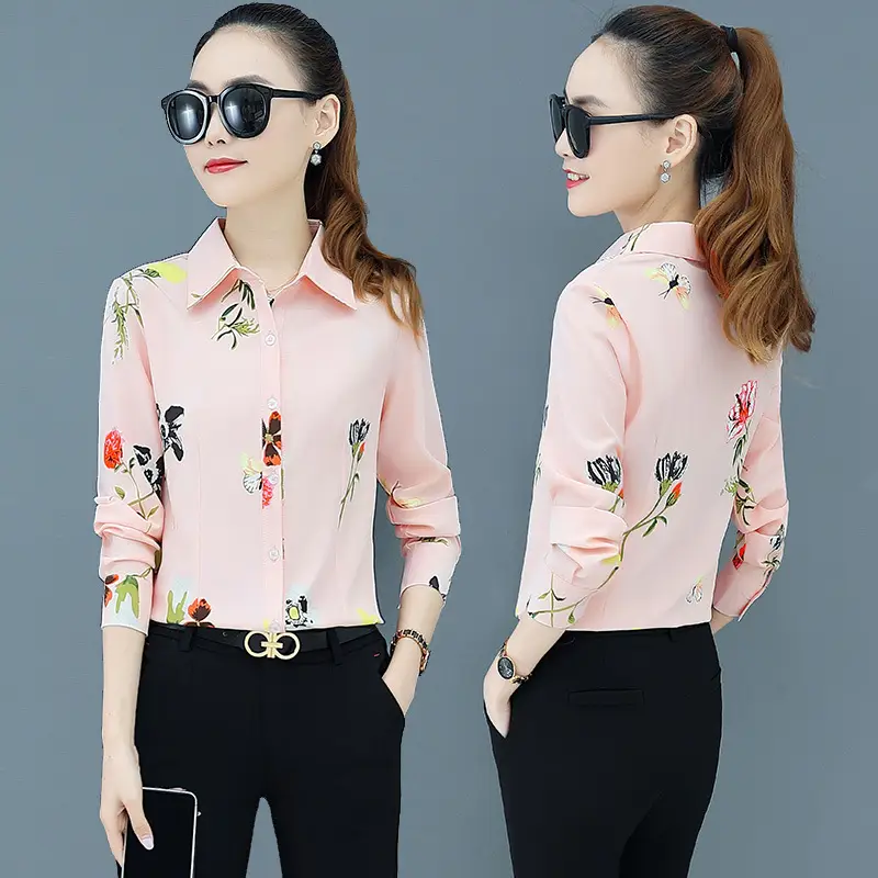 New Spring Printed Women's Long Sleeve Chiffon Shirts Pink Floral - Image 7