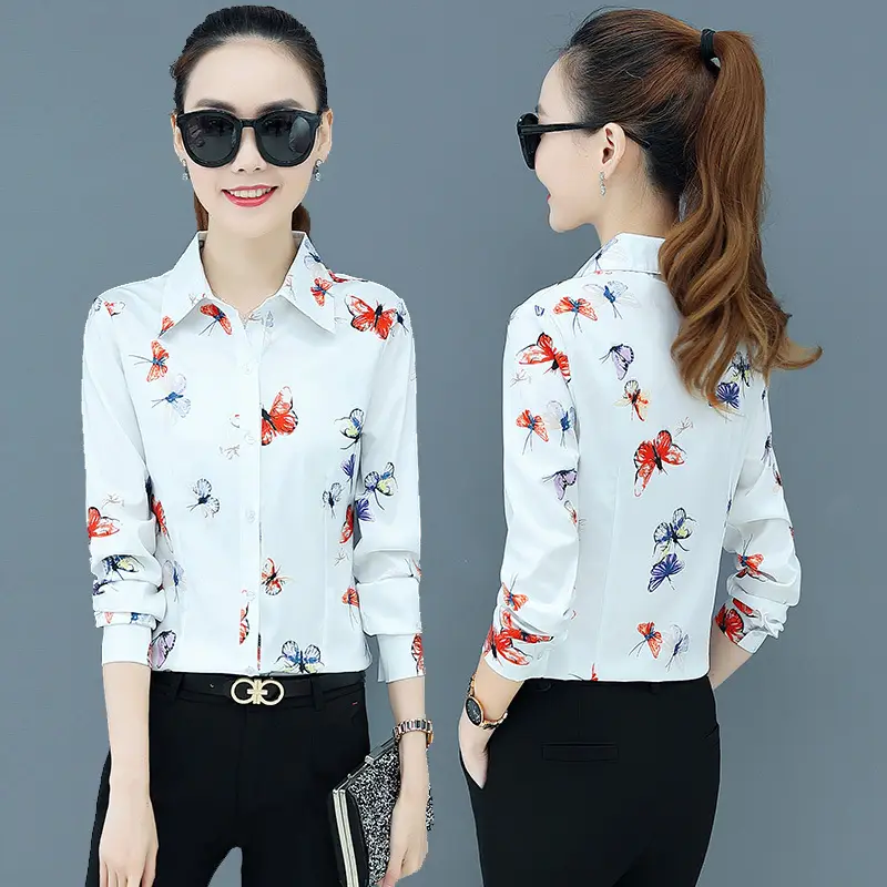 New Spring Printed Women's Long Sleeve Chiffon Shirts Pink Floral - Image 8