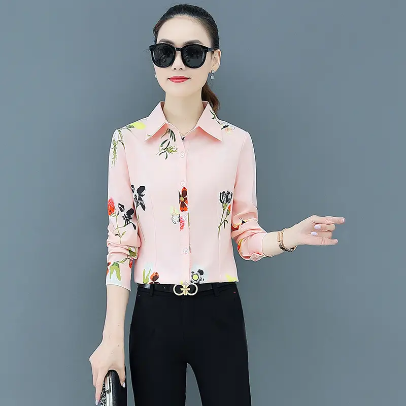 New Spring Printed Women's Long Sleeve Chiffon Shirts Pink Floral - Image 2