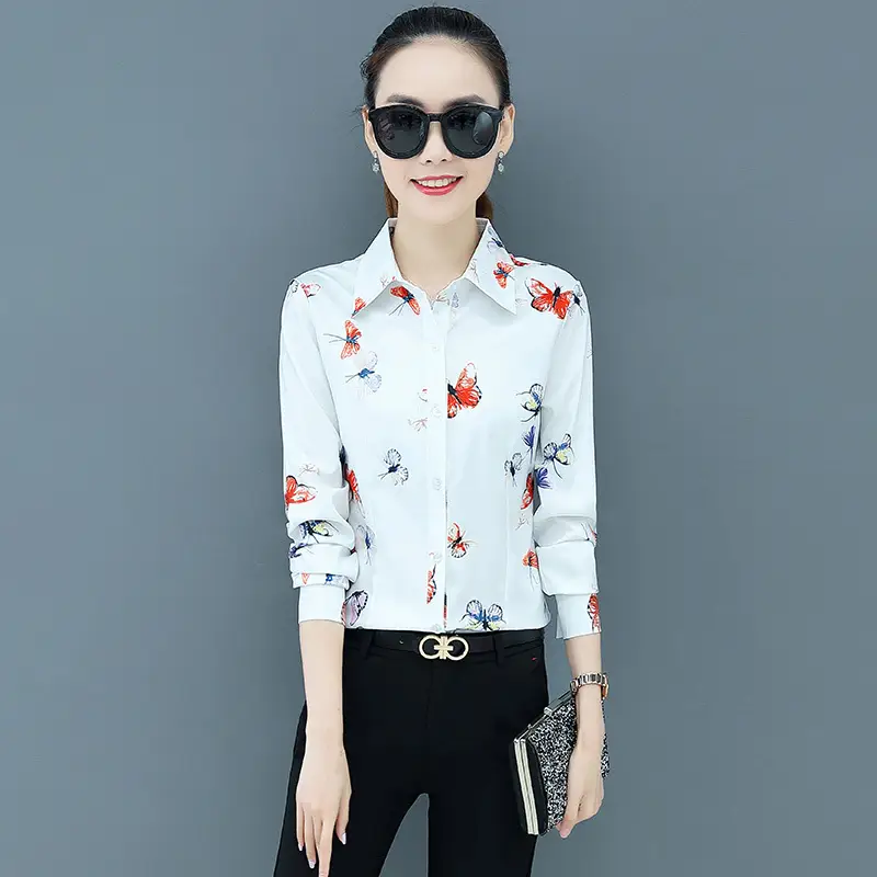 New Spring Printed Women's Long Sleeve Chiffon Shirts Pink Floral - Image 3