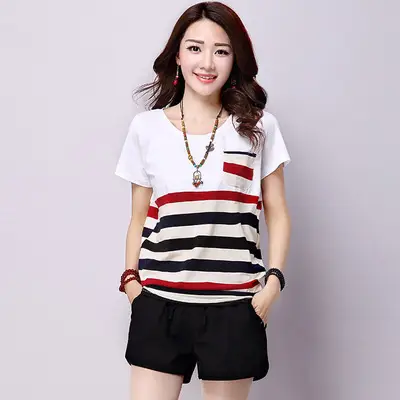 Women Striped Patchwork T-Shirt 2025 Summer Loose Plus Size - Image 2