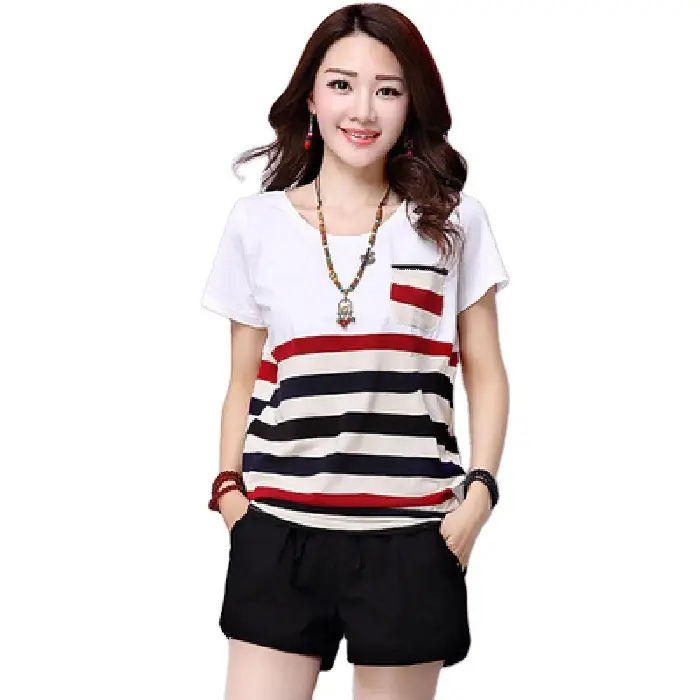 Women Striped Patchwork T-Shirt 2025 Summer Loose Plus Size - Image 5