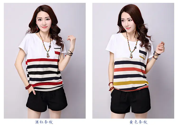 Women Striped Patchwork T-Shirt 2025 Summer Loose Plus Size — feature 3