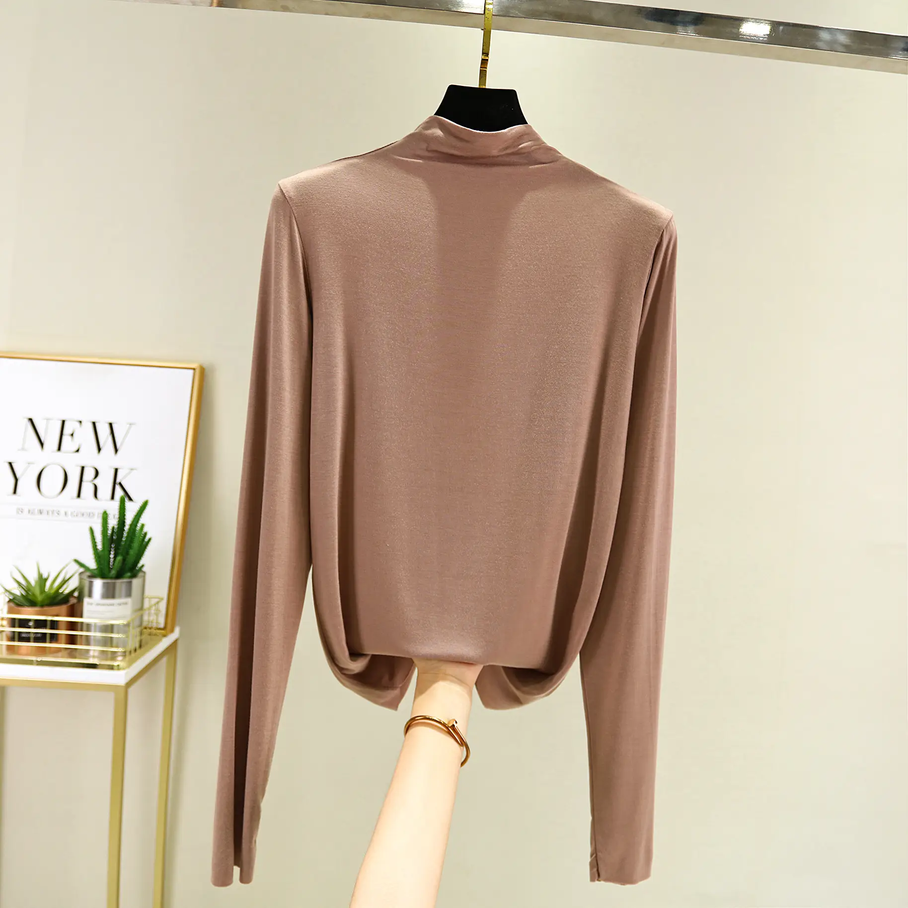 Women's Red Half-High Collar Long Sleeve T-Shirt - Image 4