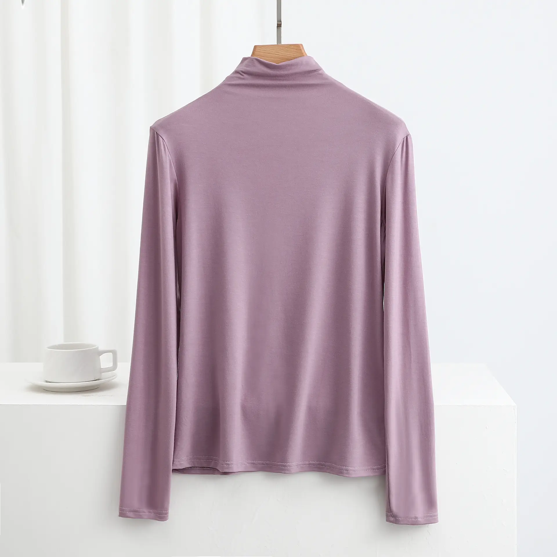 Women's Red Half-High Collar Long Sleeve T-Shirt - Image 15