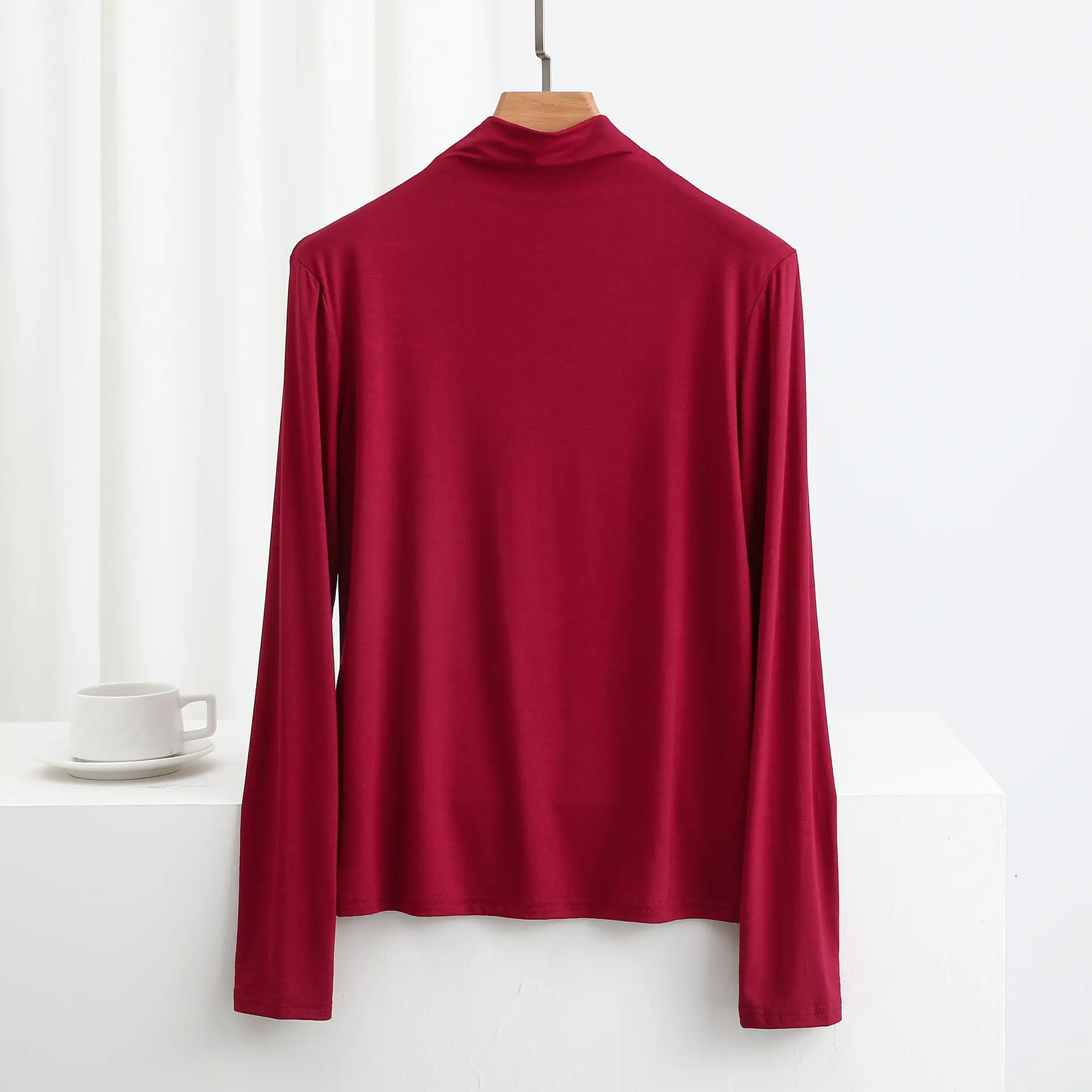 Women's Red Half-High Collar Long Sleeve T-Shirt - Image 17