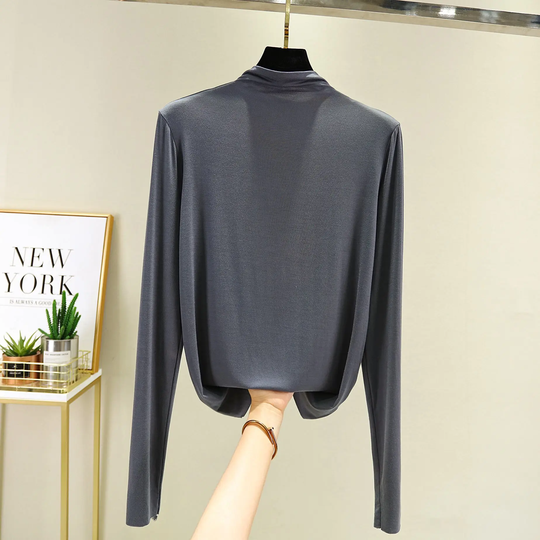 Women's Red Half-High Collar Long Sleeve T-Shirt - Image 6