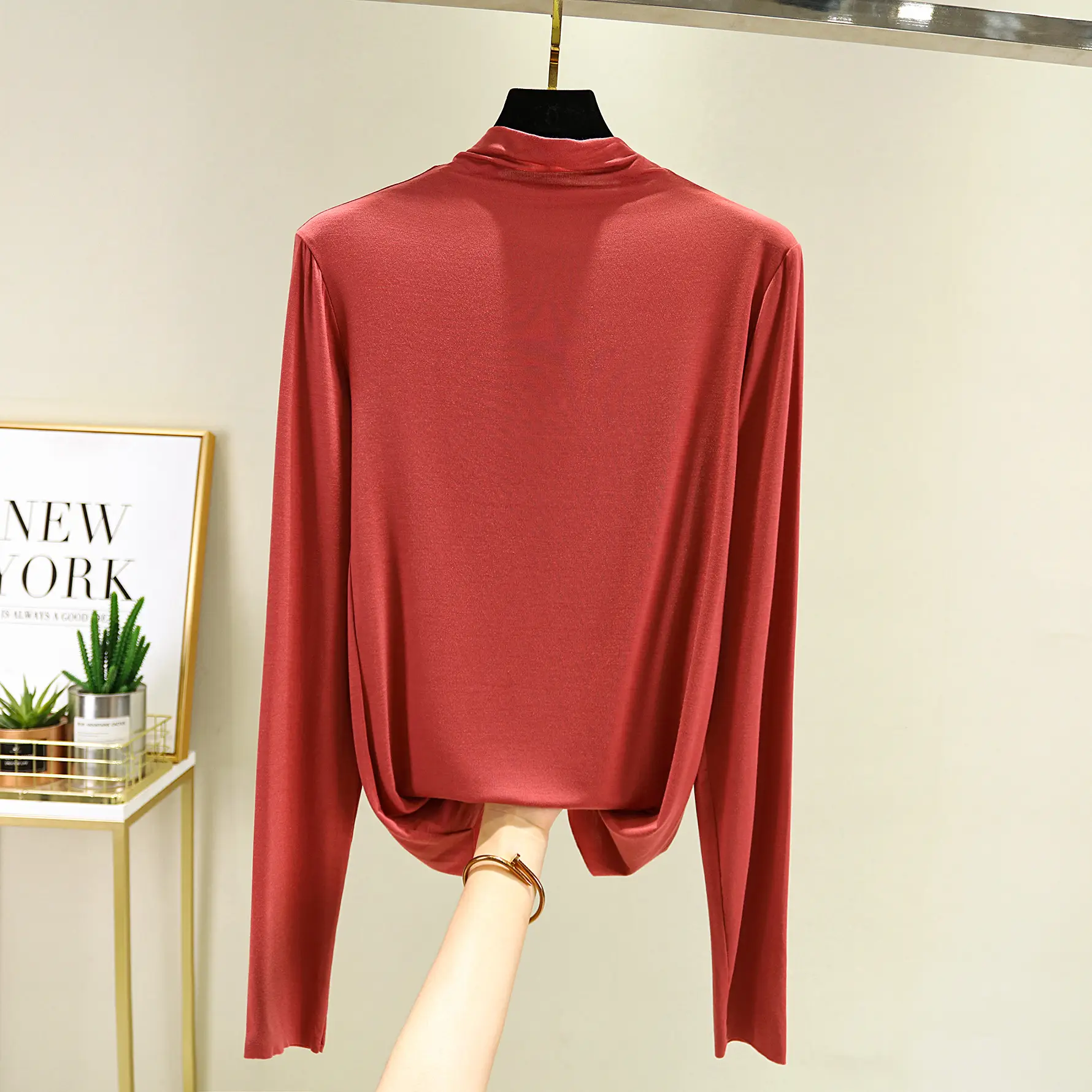 Women's Red Half-High Collar Long Sleeve T-Shirt - Image 7