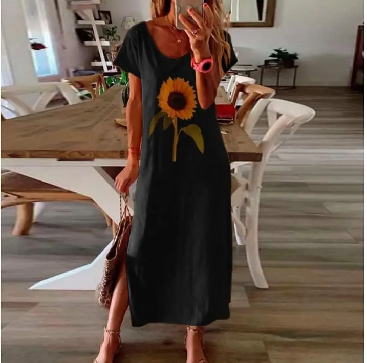 Women Sunflower Printed Long Sleeve Dress Black - Image 3