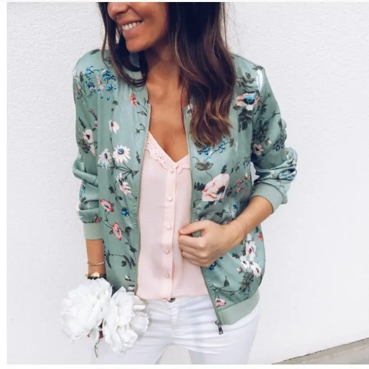 Women Floral Printed Zipper Jacket Green Long Sleeve - Image 9