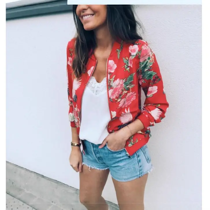 Women Floral Printed Zipper Jacket Green Long Sleeve - Image 10