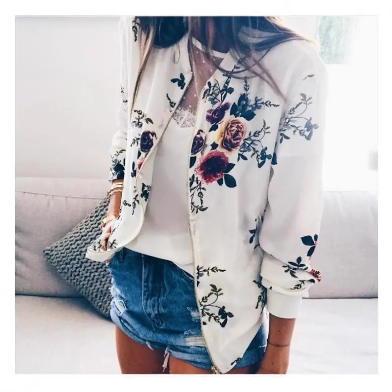 Women Floral Printed Zipper Jacket Green Long Sleeve - Image 11
