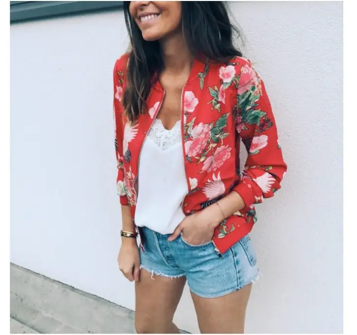 Women Floral Printed Zipper Jacket Green Long Sleeve - Image 2
