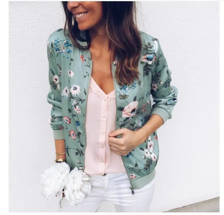 Women Floral Printed Zipper Jacket Green Long Sleeve - Image 3