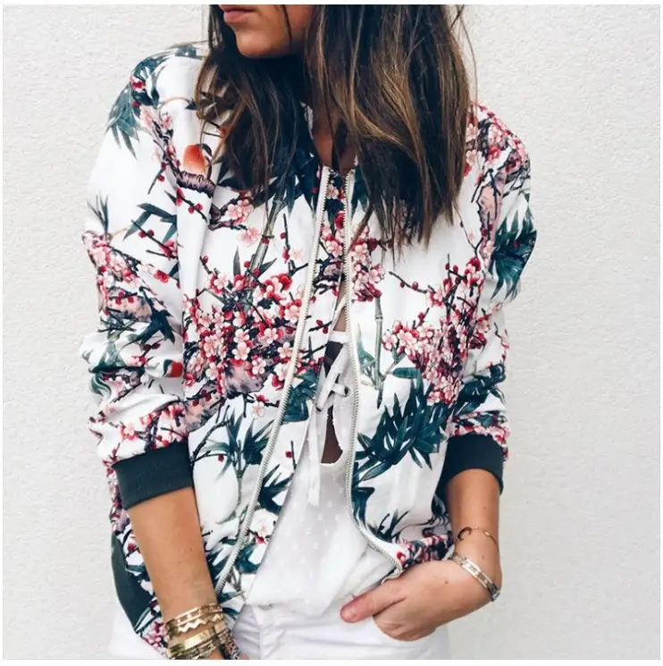 Women Floral Printed Zipper Jacket Green Long Sleeve - Image 4