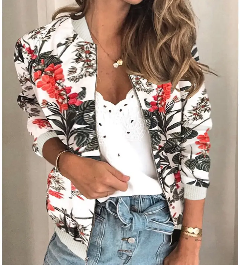 Women Floral Printed Zipper Jacket Green Long Sleeve - Image 5