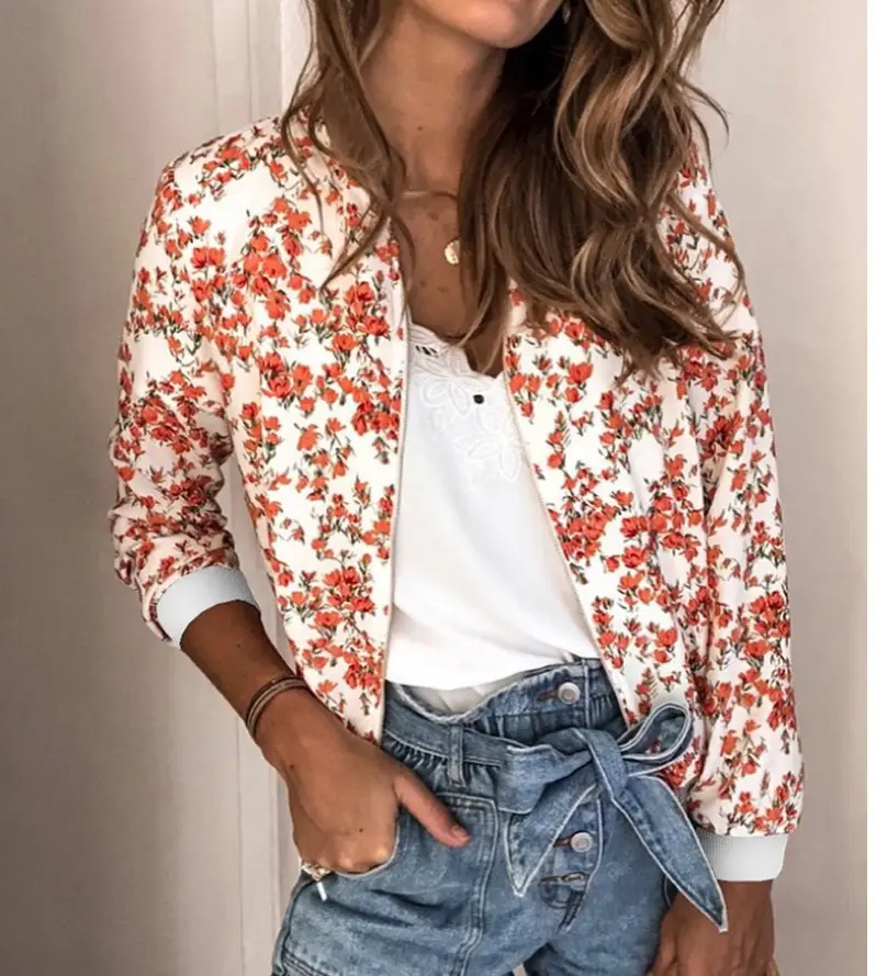 Women Floral Printed Zipper Jacket Green Long Sleeve - Image 6